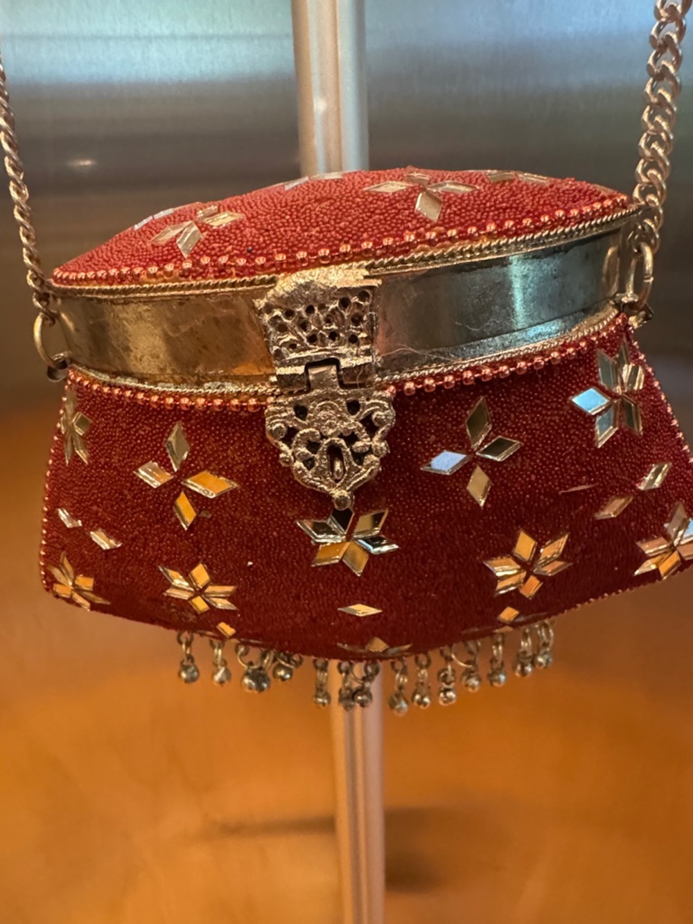Red Beaded Evening Clutch with Silver Accents